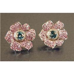 A PAIR OF 18K WHITE GOLD DIAMOND, PINK SAPPHIRE AND BLUE TOPAZ FLOWERHEAD-FORM EARRINGS