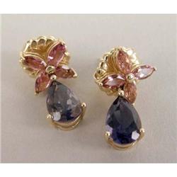 A PAIR OF 14K YELLOW GOLD PINK AND AMETHYST DROP EARRINGS