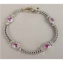 A 14K WHITE GOLD DIAMOND AND PINK SAPPHIRE CHAIN LINK AND PLAQUE BRACELET