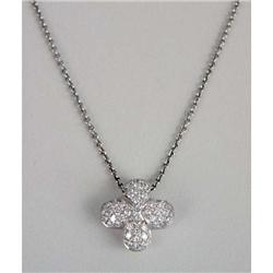 A 14K WHITE GOLD AND DIAMOND FOUR LEAF CLOVER PENDANT WITH FINE CHAIN NECKLACE