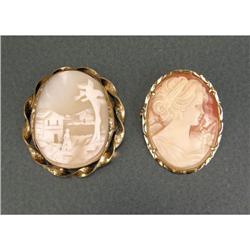 TWO GOLD-FILLED MOUNTED CARVED SHELL CAMEO BROOCHES
