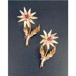 A PAIR OF 14K YELLOW GOLD MOTHER-OF-PEARL AND RUBY FLOWER-FORM PINS