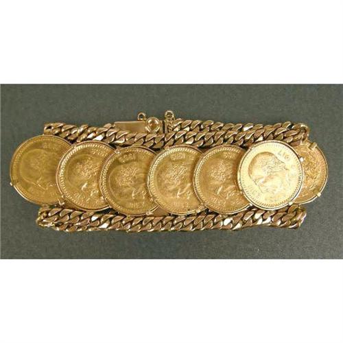 AN UNMARKED YELLOW GOLD BRACELET WITH TEN MEXICAN "DIEZ PESOS" GOLD COINS