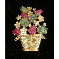 AN 18K YELLOW GOLD, RUBY, EMERALD AND DIAMOND FLOWER POT-FORM