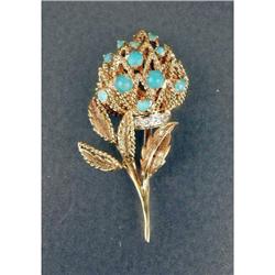 AN 18K YELLOW GOLD, DIAMOND AND TURQUOISE FLORA-FORM BROOCH
