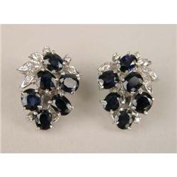 A PAIR OF 14K WHITE GOLD, DIAMOND AND SAPPHIRE CLUSTER EARRINGS