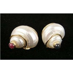 A PAIR OF SEAMAN SHEPPS 14K YELLOW GOLD, RUBY AND SAPPHIRE