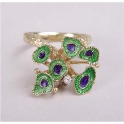A MODERN 14K BRANCH-FORM YELLOW GOLD, ENAMEL AND DIAMOND RING