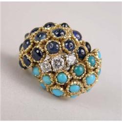 AN 18K YELLOW GOLD, DIAMOND, TURQUOISE AND LAPIS LAZULI DOME-FORM COCKTAIL RING