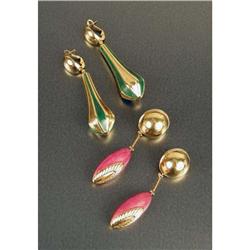 TWO PAIR OF ITALIAN 14K YELLOW GOLD AND ENAMEL DROP EARRINGS
