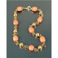 AN 18K YELLOW GOLD RARE SICILIAN CORAL AND DIAMOND NECKLACE