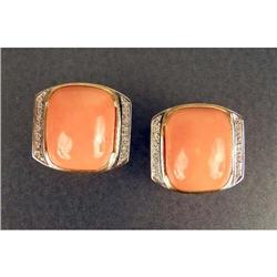 A PAIR OF 18K YELLOW GOLD, RARE SICILIAN CORAL AND DIAMOND EAR