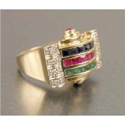A 14K YELLOW GOLD, DIAMOND,, EMERALD, RUBY AND SAPPHIRE RING