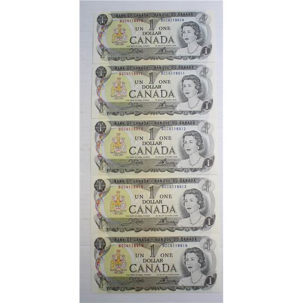 5 ONE DOLLAR NOTES IN SEQUENCE CANADIAN #1