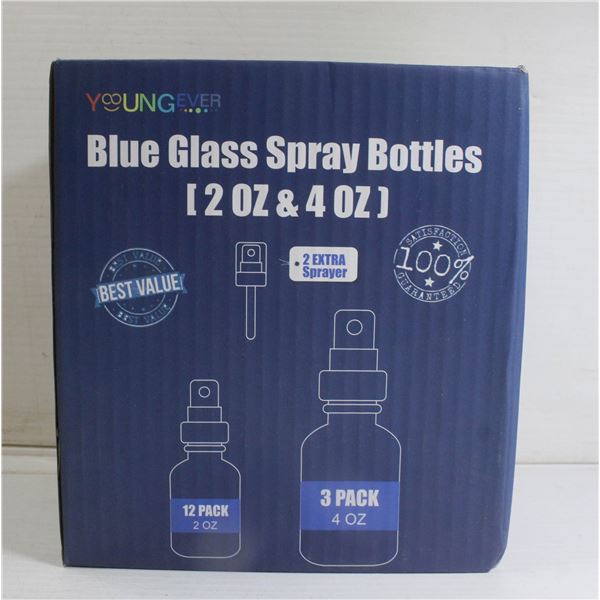 BLUE GLASS SPRAY BOTTLES 15 PIECES (2OZ + 4OZ)