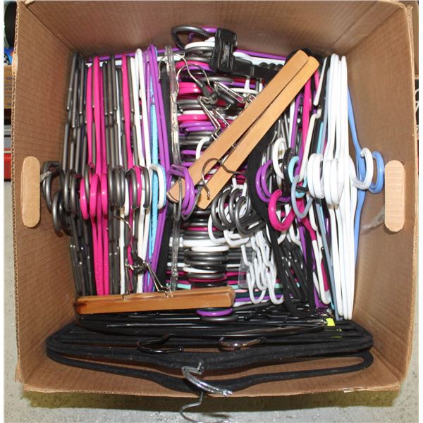 BOX FULL OF HANGERS INCL. PANT HANGERS &