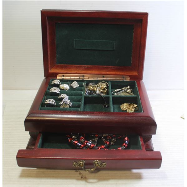 CHERRY WOOD JEWELRY BOX FILLED WITH ESTATE JEWELLR