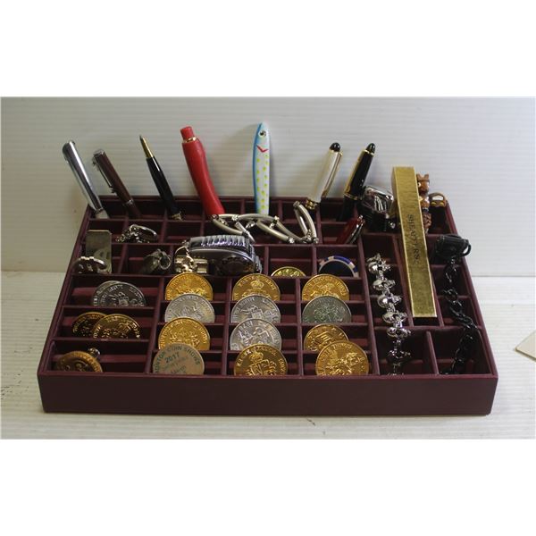 PENS, TOKENS, LIGHTERS, PINS AND MORE IN ORGANIZER