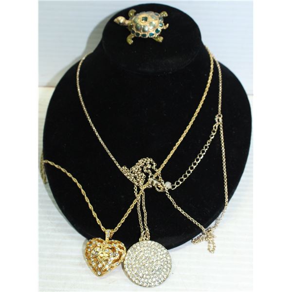 GOLD TONE NECKLACES & TURTLE BROOCH ALL TOGETHER