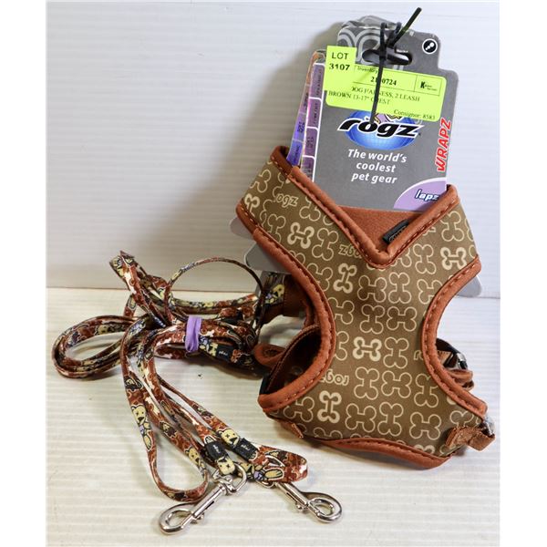 NEW 2 DOG HARNESS, 2 LEASH  BROWN 13-17  CHEST