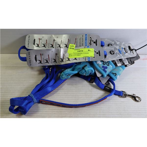 NEW 2 DOG HARNESS, 2 LEASH  BLUE 11-13  CHEST