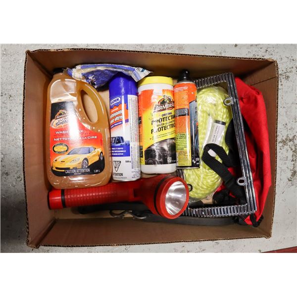 BOX OF NEW AUTOMOTIVE SUPPLIES AND TOOLS -