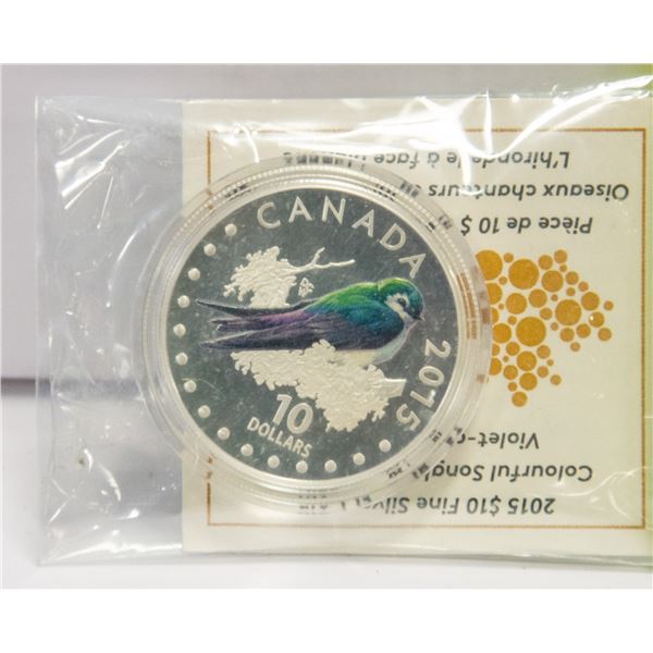 2015 $10 FINE SILVER COIN - VIOLET + GREEN SWALLOW