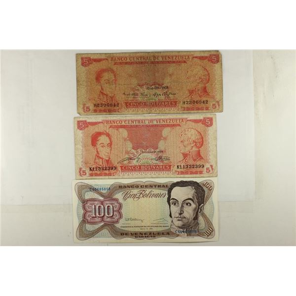 3 PIECES OF VENEZUELA CURRENCY 1969-5 BOLIVARES,