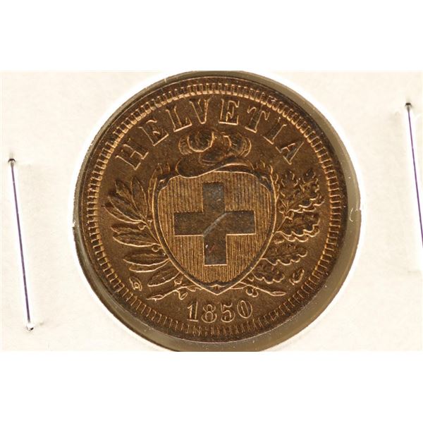 1850-A SWISS 2 RAPPEN BRILLIANT UNC