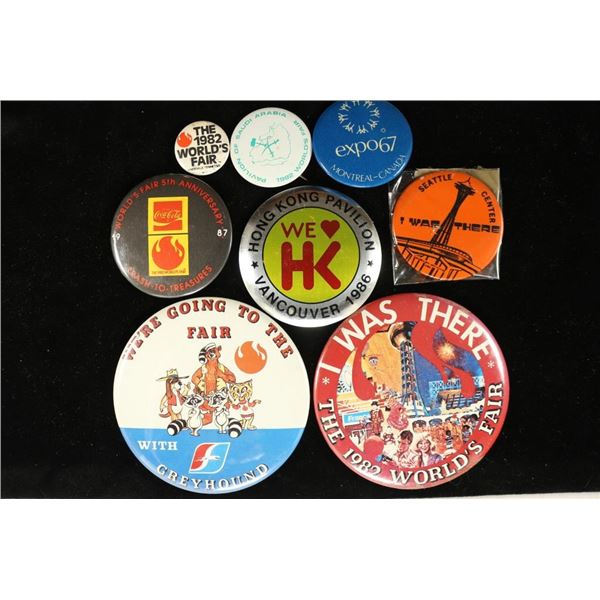 8 ASSORTED WORLD'S FAIR BUTTONS 1''- 3 1/2'' FROM