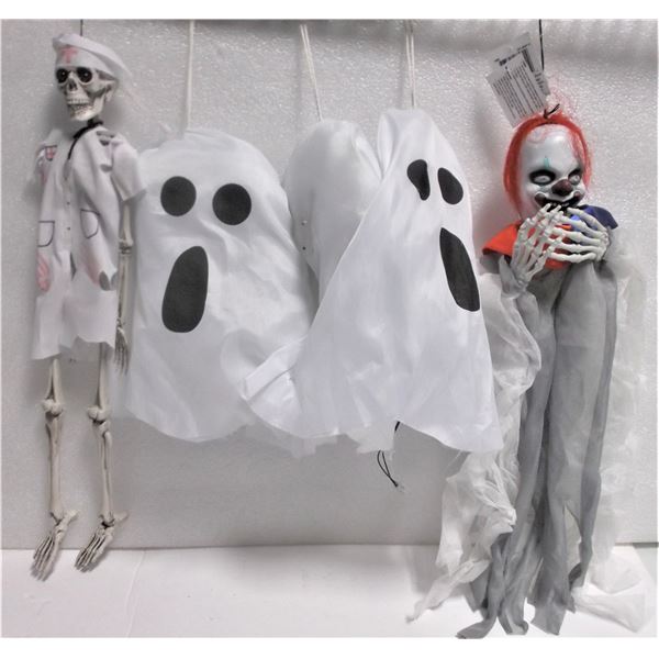 Lot of Halloween Décor: Three Ghosts, Skelton Nurse, and Clown