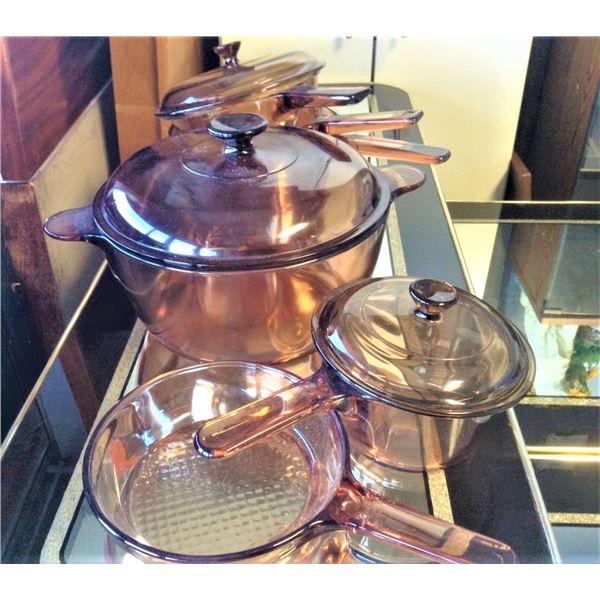 Vision Ware - Corning Ware - Amber Glass FIVE Pots and ONE Pan