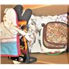 Image 2 : Box of Linens: Oven Mitts, Apron, Dish Towels, etc.