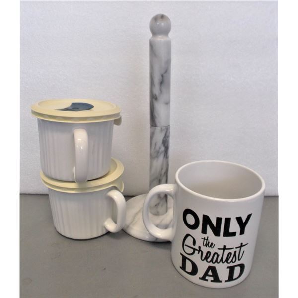 Stone Paper Towel Holder, Dad Mug, and Two 20oz Soup Mugs