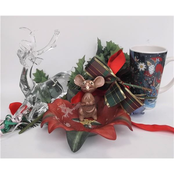 Collection of Christmas Items: Deer, Holiday Mugs, Holiday Tins, Decor