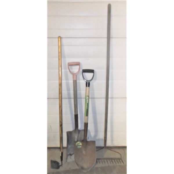 Garden Tools: Two Shovels, Hoe, and Rake