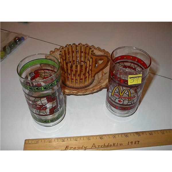 3 coke collectibles 2 glasses and wood decorative cup made in Poland