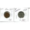 Image 1 : 5 cents Canadian 1939 + 1927 1 cent F penny nickel coin