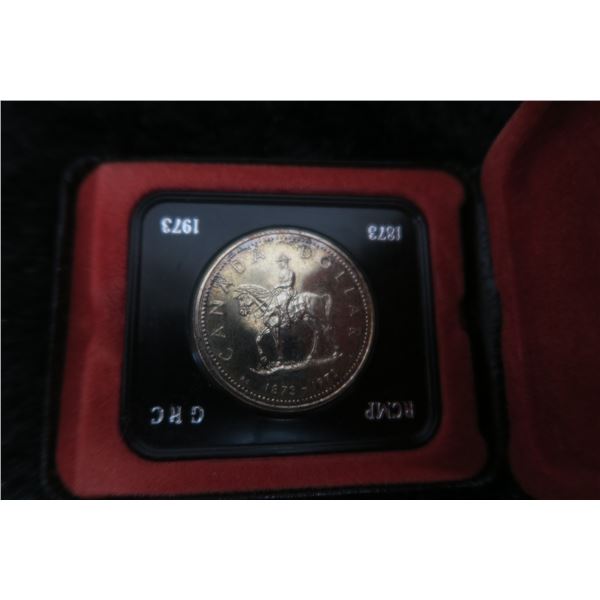 1873 – 1973 RCMP Silver Dollar. Celebrates the 100th anniversary of the founding of the Mounties. Sp