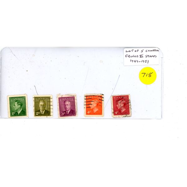 Lot of 5 Canadian George VI stamps issued 1949 – 1951. Used.