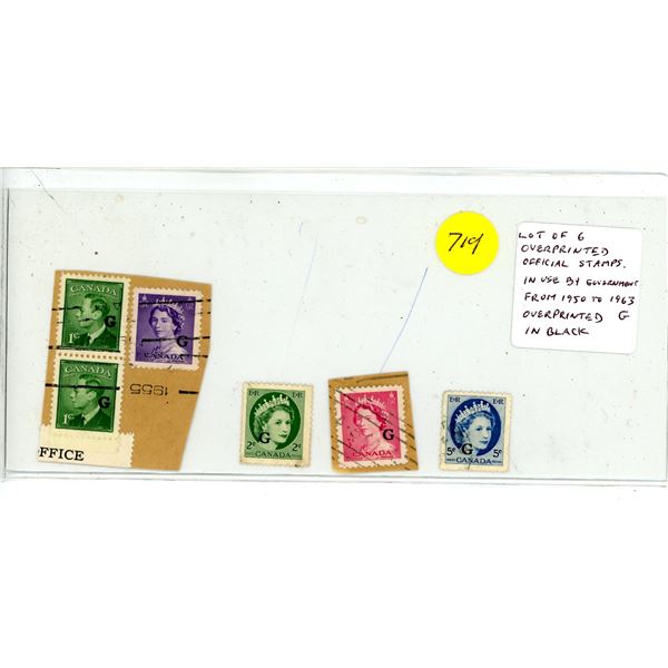 Lot of 6 Overprinted Official stamps. In use by the Canadian Government from 1950 – 1963. Overprinte