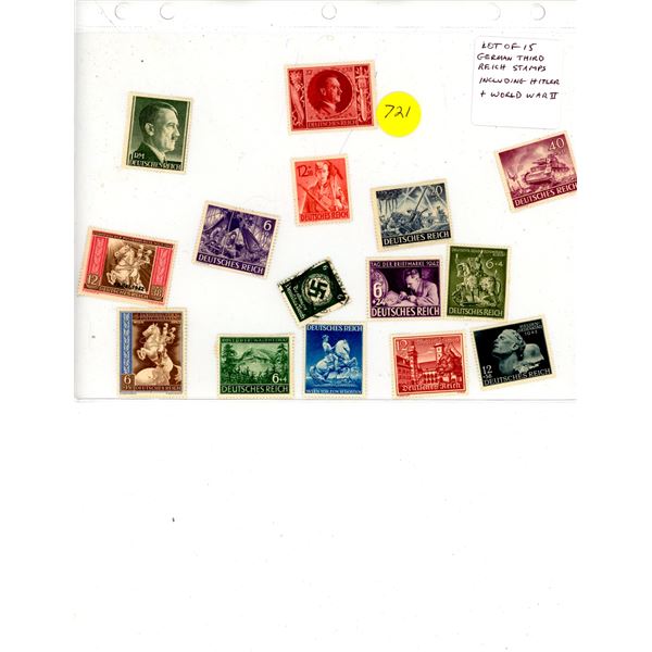 Lot of 15 German Third Reich & World War II stamps depicting Hitler, military conquests etc. Used.