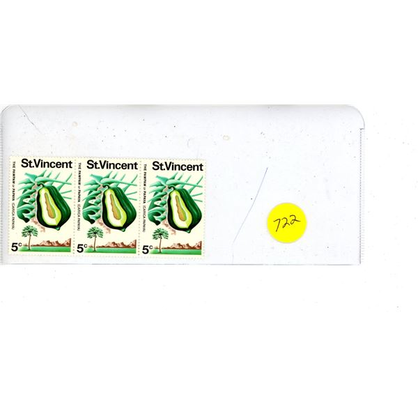 Strip of 3 St. Vincent 5 cents stamps depicting the pawpaw (also called papaya). New.
