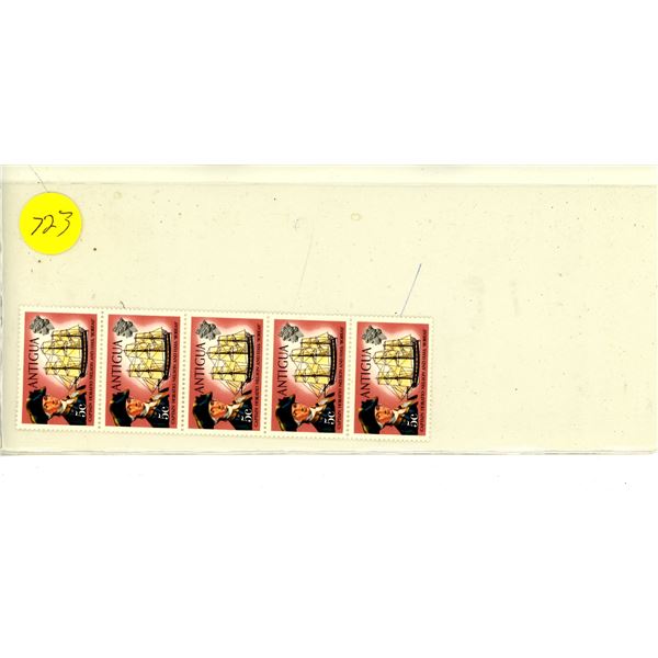 Strip of 5 Antigua 5 cents stamps depicting Captain Horatio Nelson and his ship HMS Boreas. Mint.