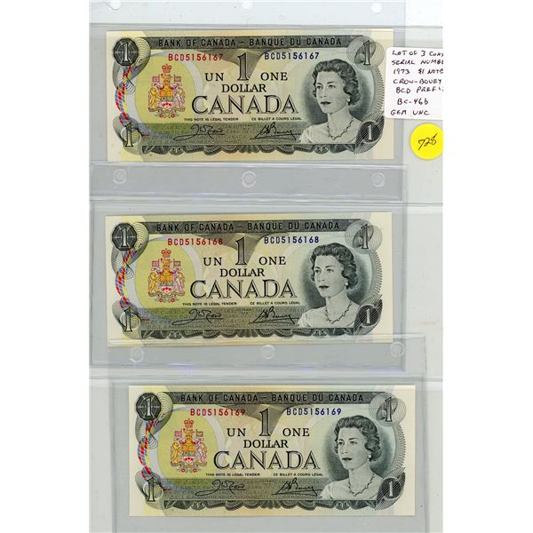 Lot of 3 Consecutive Serial Number 1973 $1 notes. Crow-Bouey signatures. BCD Prefix. BC-46b. Gem Unc