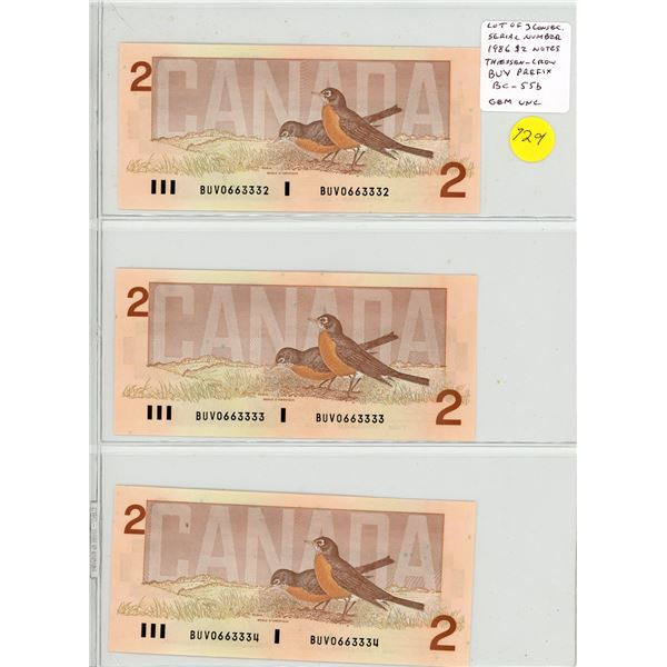 Lot of 3 Consecutive Serial Number 1986 $2 notes. Thiessen-Crow signatures. BUV Prefix. BC-55b. Gem 