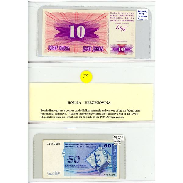Lot of 2 notes from Bosnia-Herzegovina. Former Yugoslavian state declares independence. Unc & VF+.