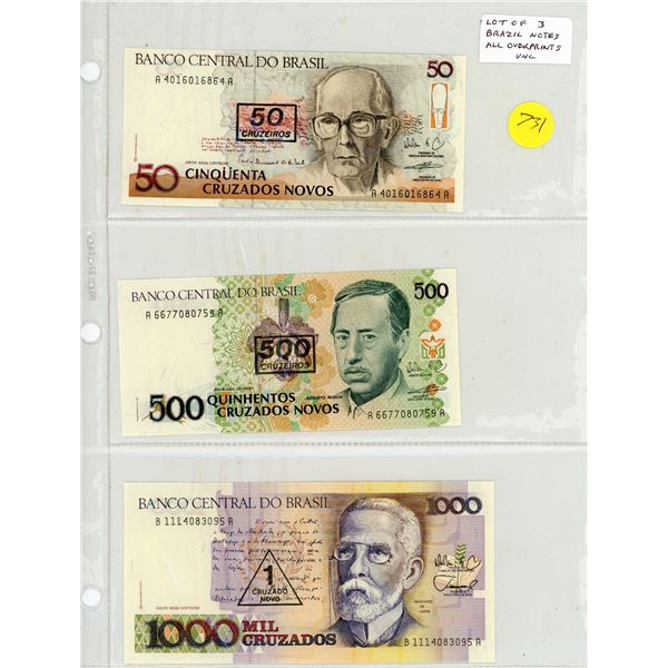 Lot of 3 Brazilian notes. All Overprints. 50 Cruzeirios over 50 Cruzados Novos, 500 Cruzeiros over 5