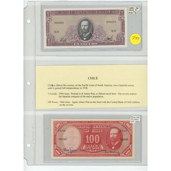 Lot of 2 notes from Chile. 1964 1 Escudo and 1964 100 Pesos. P-136 & P-127. AU.