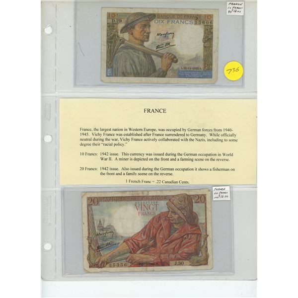 Lot of 2 French notes issued by the Vichy Government of Marshall Petan during World War II. 1942 10 